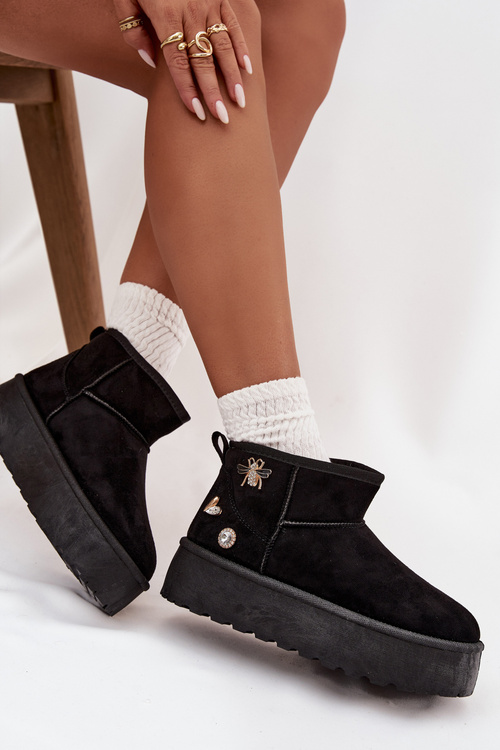 Śniegowce Damskie Na Platformie Z Przypinkami Czarne Maelle