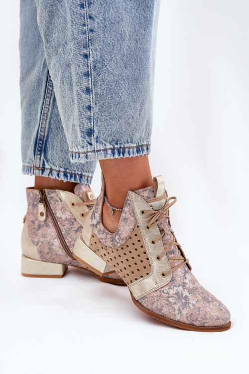 Skórzane Botki Trzewiki Maciejka 05541-04 Beżowo-Złote