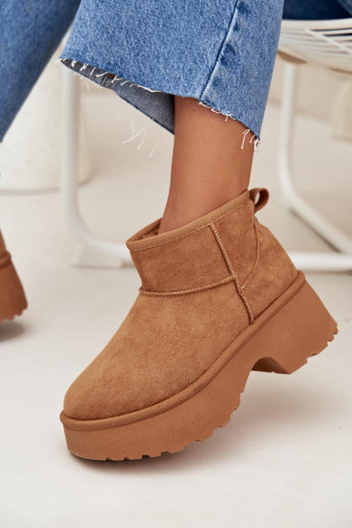 Śniegowce Damskie Niskie Wsuwane Ocieplane Futerkiem Camel Mavelle