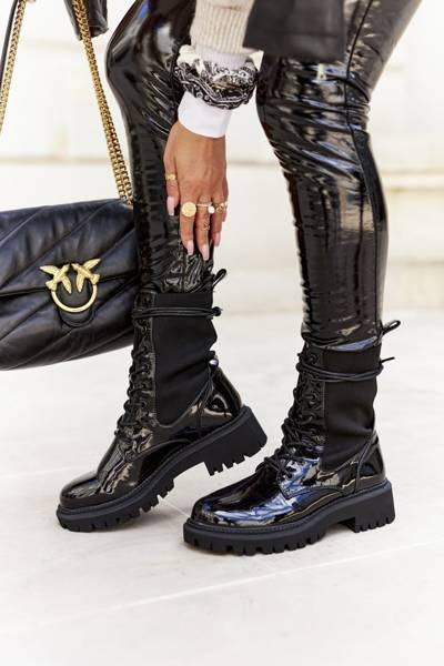 Damskie Botki Workery Lakierowane Czarne Maxine