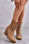 Zamszowe Ażurowe Botki Kowbojki Lewski Shoes 3265 Ciemnobeżowe