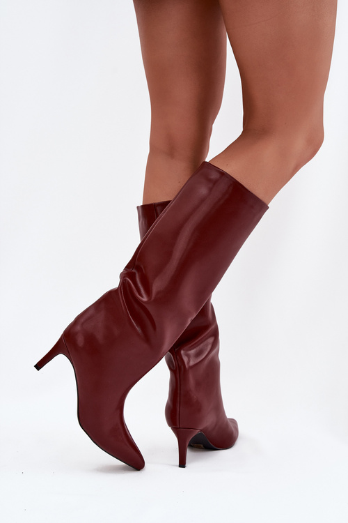 Kozaki Damskie Wsuwane Ocieplane Na Szpilce Bordowe Olivienne