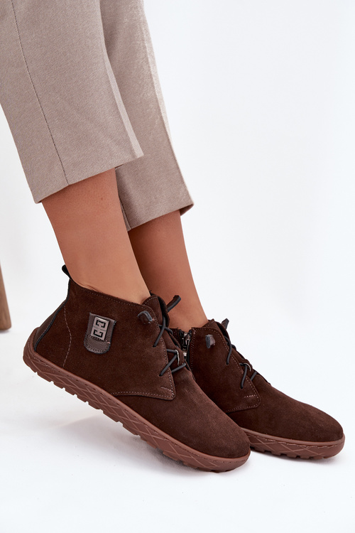 Zamszowe Półbuty Barefoot Damskie Z Ozdobnym Detalem Zazoo 30072 Czekoladowe