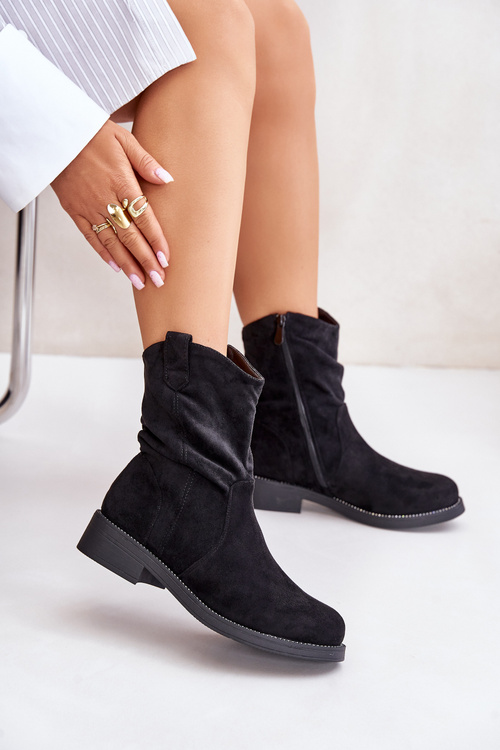 Ocieplane Botki Damskie Z Marszczeniem I Zdobieniem Czarne Etteara