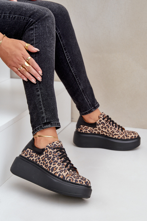 Skórzane Sneakersy Na Platformie W Panterkę Zazoo 3346 Brązowo-Czarne