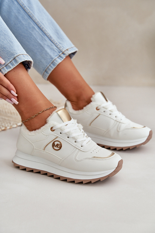 Buty Sportowe Damskie Ocieplane Futerkiem Na Platformie Białe Lerisas