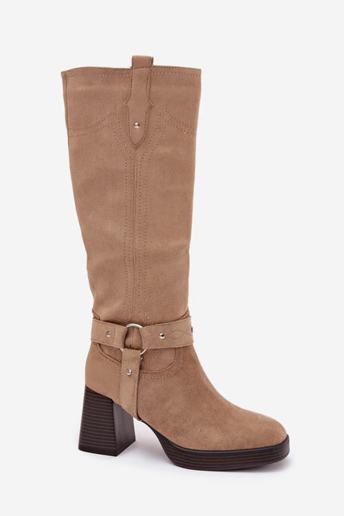 Ocieplane Kozaki Damskie Na Słupku Z Przeszyciami Beżowe Alessara