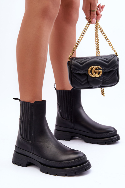 Masywne Skórzane Botki Sztyblety Czarne Rosan