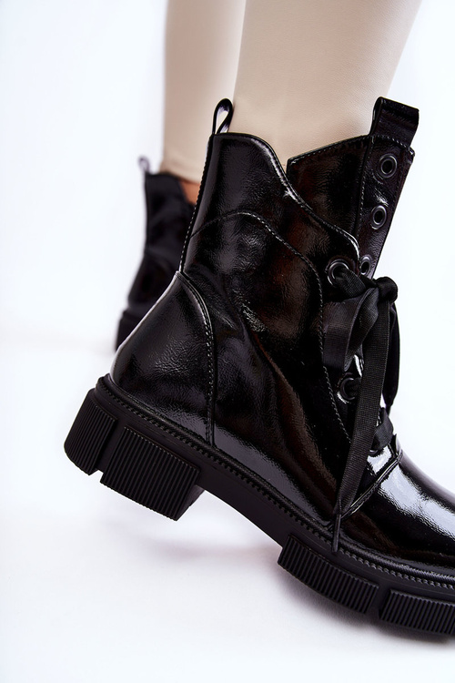 Damskie Lakierowane Ocieplane Botki Workery Czarne Efemia