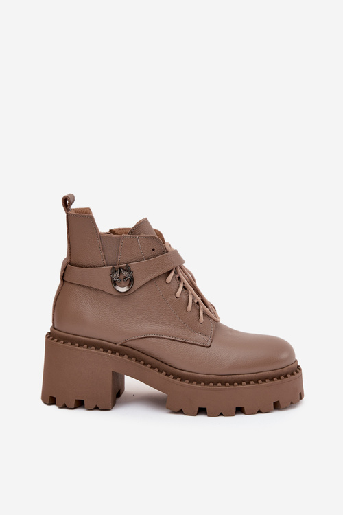 Skórzane Botki Damskie Na Klocku Z Ozdobnym Paskiem Ocieplane Zazoo 60557 Ciemnobeżowe