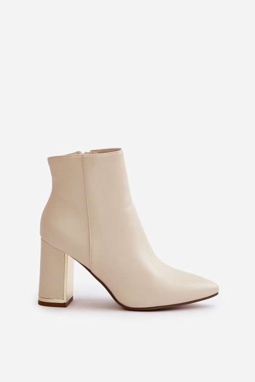 Botki Damskie Na Słupku Zapinane Na Zamek Ocieplane Eko Skórzane Jasnobeżowe Mevair