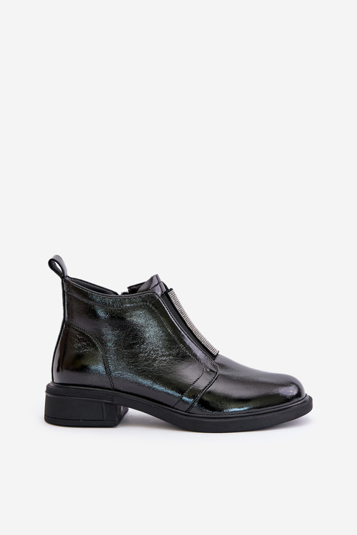 Skórzane Lakierowane Niskie Botki Ze Zdobieniem Na Zamek D&A MR880-142 Czarne