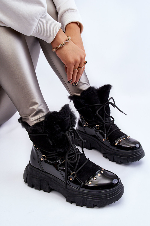 Damskie Botki Z Futerkiem Sznurowane Czarne Merron