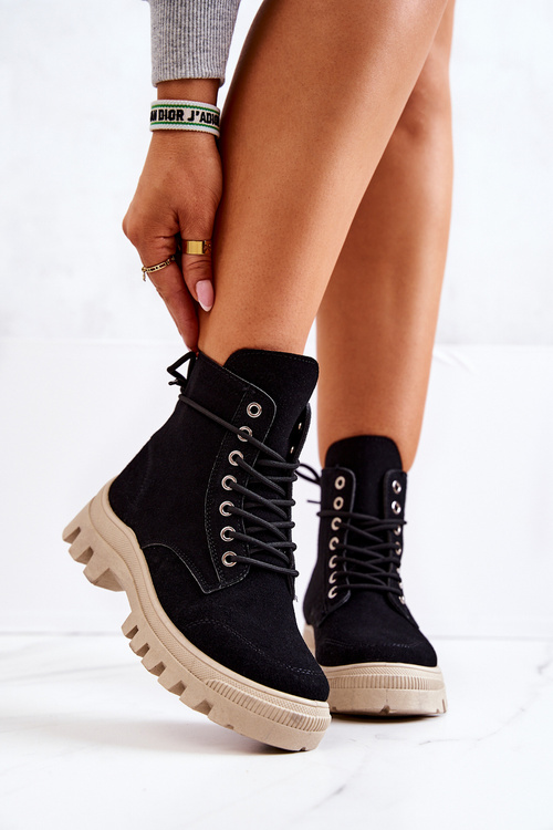 Zamszowe Botki Trapery Wiązane Czarne Hurricane