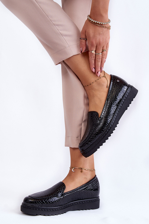 Lakierowane Mokasyny Krokodyli Wzór Na Platformie Czarne Diane