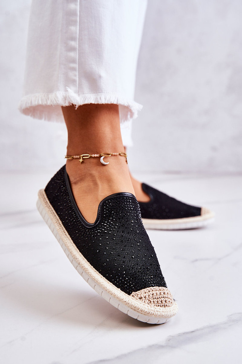 Damskie Materiałowe Espadryle Z Cyrkoniami Czarne Deimos