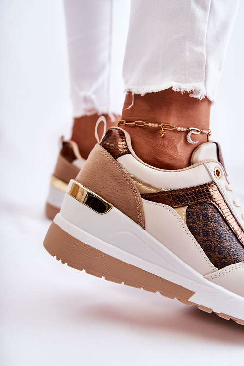 Damskie Skórzane Buty Sportowe Na Koturnie Biało-Brązowe Catrine