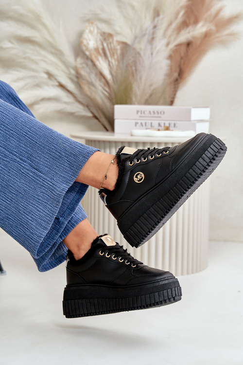 Sneakersy Buty Sportowe Damskie Ocieplane Na Masywnej Podeszwie Czarne Ardiela