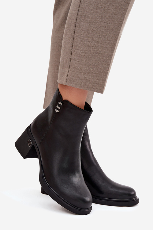 Skórzane Ocieplane Botki Damskie Na Klocku Vinceza 91159 Czarne