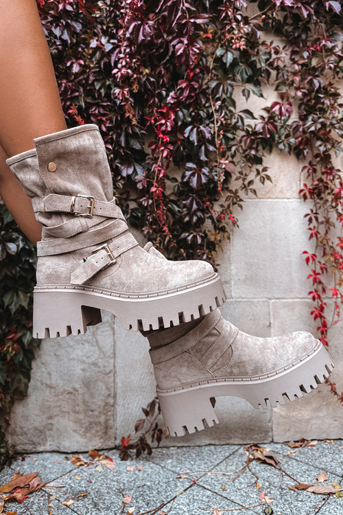 Botki Damskie Na Masywnym Obcasie Z Klamrami I Paskiem Beżowe Nerelisa