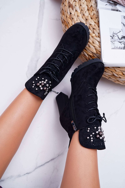 Botki Damskie na Słupku Platformie Zamszowe Czarne Fieste