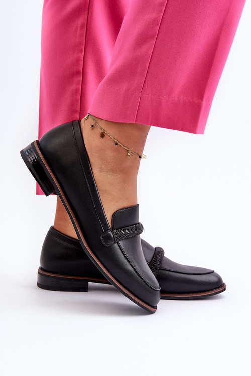 Skórzane Mokasyny Damskie Z Ozdobnym Paseczkiem Czarne Saosin