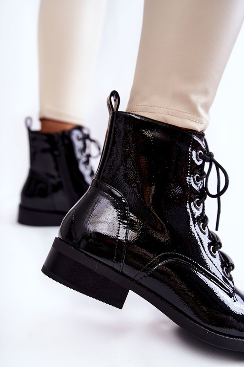 Klasyczne Lakierowane Damskie Ocieplane Botki Czarne Grimma