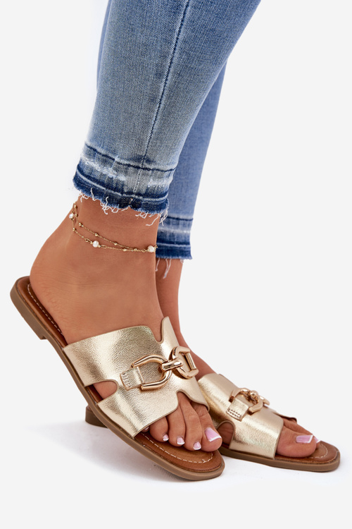 Klapki Damskie Płaskie Z Ozdobnym Detalem Złote Amiresna