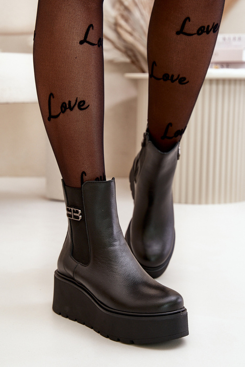 Zazoo 60498 Damskie Skórzane Botki Sztyblety Na Platformie I Koturnie Czarne