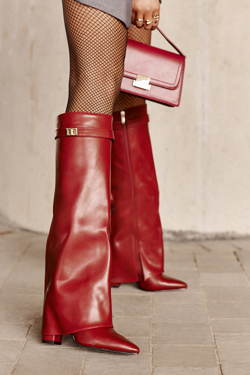 Kozaki Damskie Eko Skórzane Z Wywiniętą Cholewką Na Słupku Bordowe Avamora