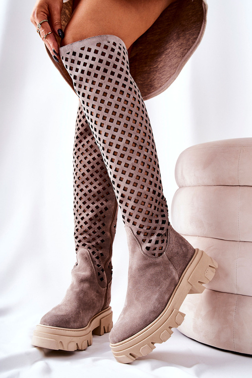 Zamszowe Ażurowe Kozaki Jasnobrązowe Kallede