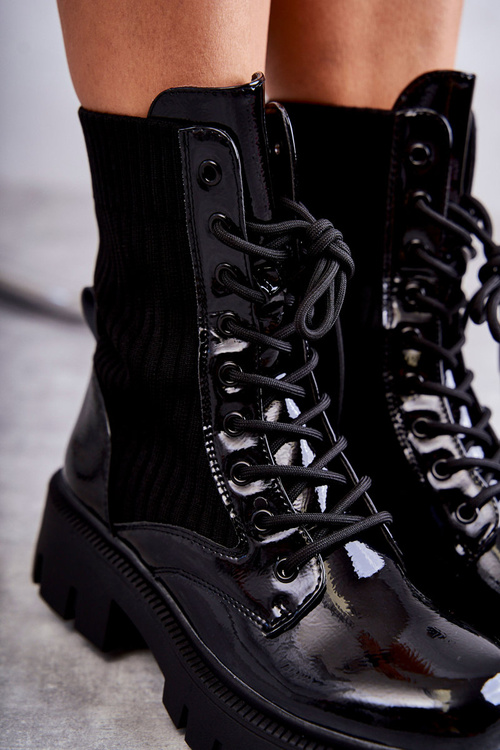 Damskie Lakierowane Workery Botki Ze Skarpetą Czarne Abigail