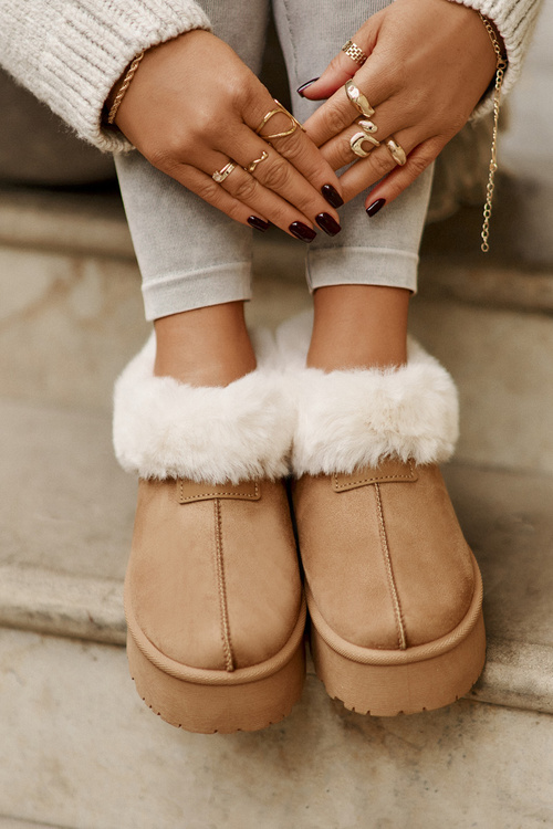 Śniegowce Z Niską Cholewką Z Futerkiem Na Platformie Eko Zamszowe Camel Neathoria