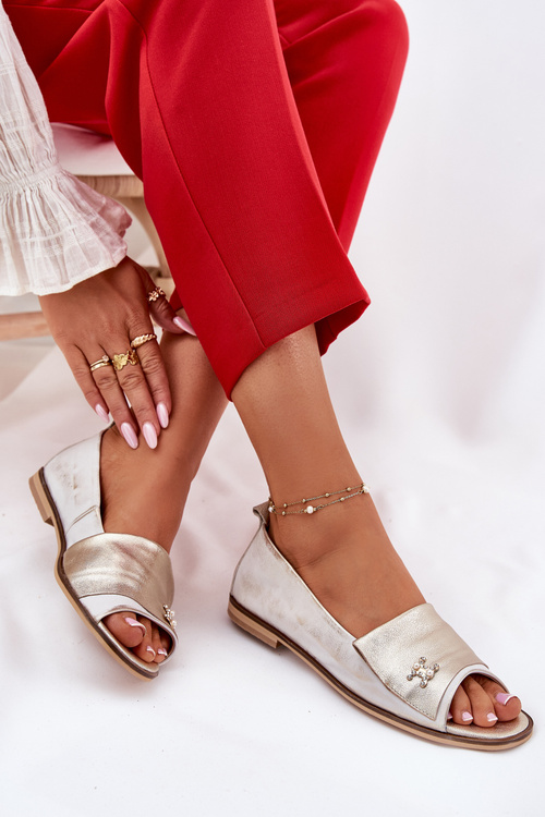 Skórzane Eleganckie Baleriny Z Odkrytymi Palcami Zazoo 1865 Złoty Przecierany