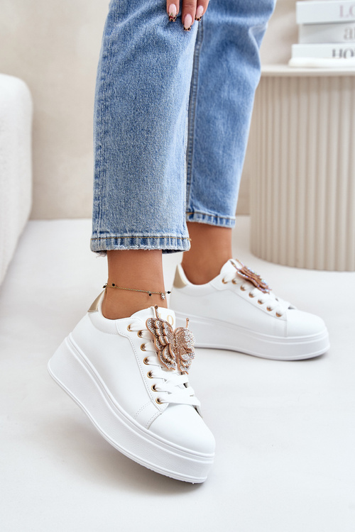 Sneakersy Damskie Na Platformie Z Motylem Biało-Złote Naritevia