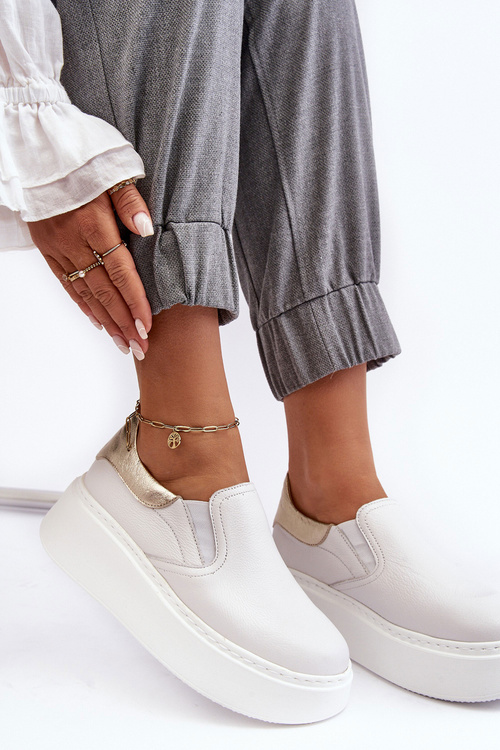 Skórzane Buty Sportowe Damskie na Platformie Białe Lemar Manish