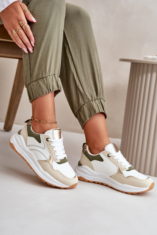 Sneakersy Damskie Na Platformie Z Eko Skóry Beżowo-Zielone Issatta