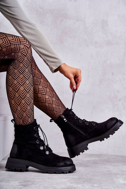 Damskie Zamszowe Ocieplane Botki Ze Ściągaczem Czarne Helia