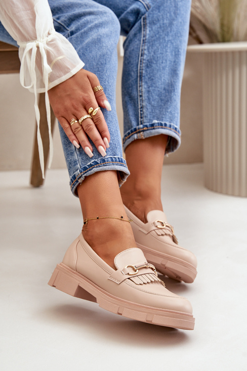 Mokasyny Damskie Z Ozdobą Eko Skórzane Beżowe Tialorae