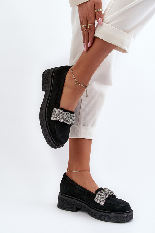 Zazoo 3419 Mokasyny Damskie Zamszowe Z Ozdobnym Paseczkiem Czarne