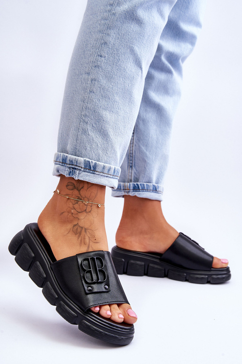 Damskie Skórzane Klapki Na Platformie Z Ozdobą Czarne Monroe