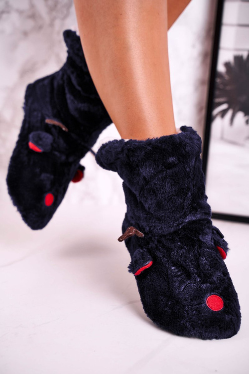 Świąteczne Papcie Z Reniferem Ocieplone Kożuszkiem Granatowe Rudolph