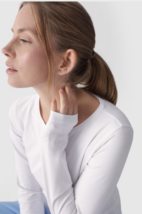 Gładka Koszulka Z Długim Rękawem Longsleeve 4F 4FWMM00TLONF376-10S Biała