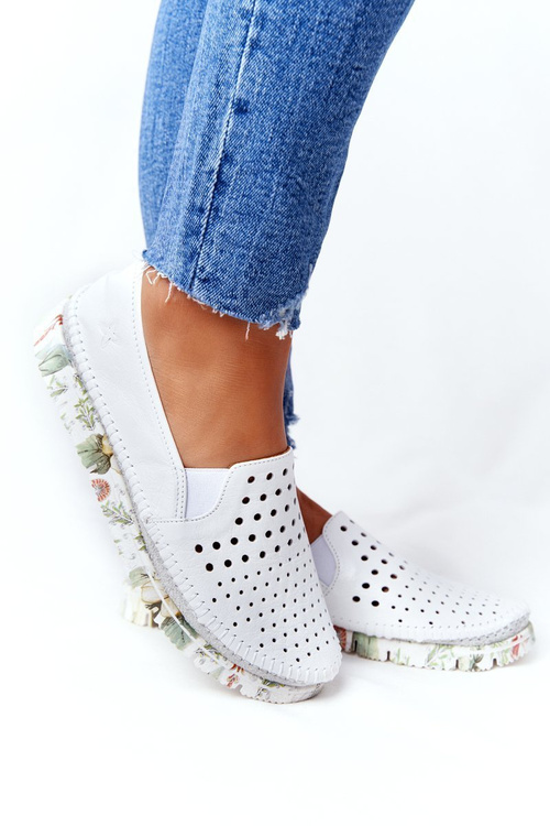 Ażurowe Skórzane Tenisówki Półbuty Slip-On Maciejka Białe 03512B-11