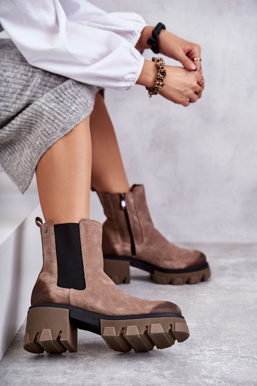 Zamszowe Damskie Botki Na Platformie Beżowe Lemar Hilde