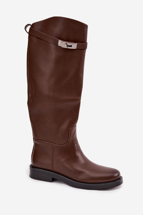 Kozaki Damskie Z Ozdobnym Paskiem Eko Skórzane Czekoladowe Palisse