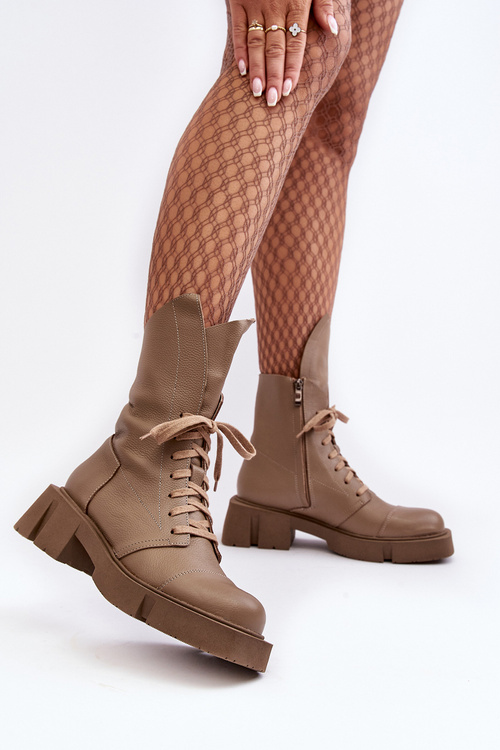 Damskie Skórzane Botki Workery Na Masywnym Płaskim Obcasie Zazoo 976A Ciemnobeżowe