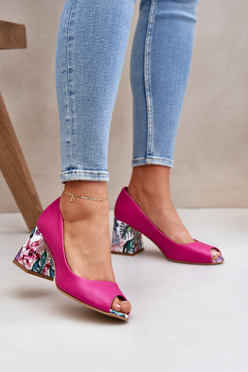 Skórzane Czółenka Z Ozdobnym Obcasem Lewski Shoes 2608/K Fuksja