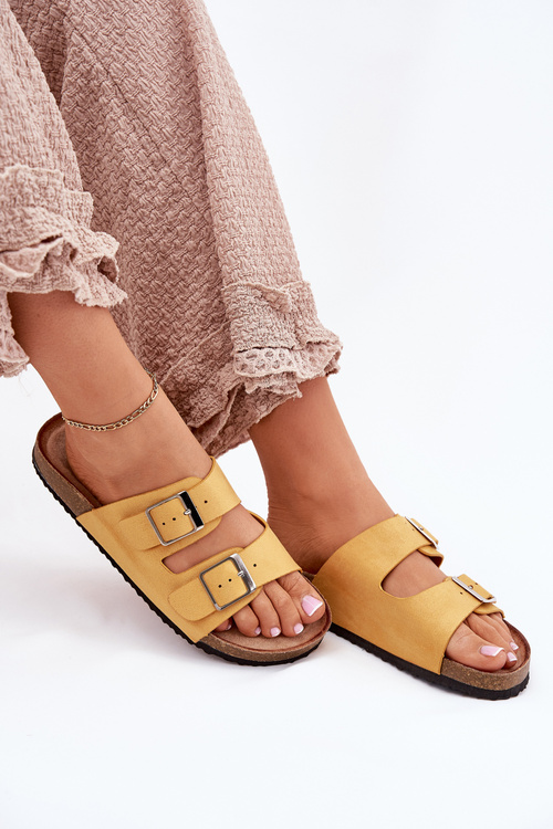 Klapki Damskie Na Korkowej Platformie Klamry Żółte Evisolla