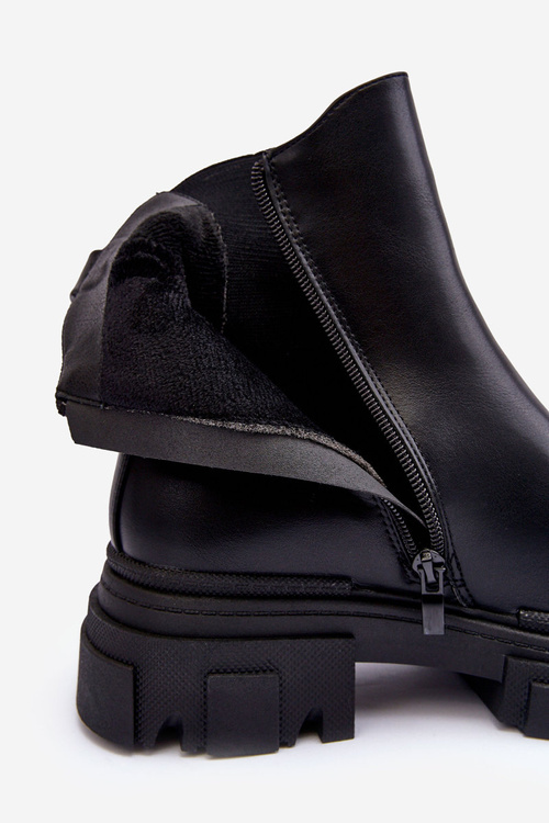 Skórzane Botki Sztyblety Na Płaskim Obcasie i Platformie Czarne Solita